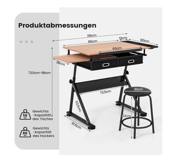 Tekentafel – Tekenbord – Tekentafel Met Kruk – Werktafel – Tekentafel Verstelbaar – Verstelbare Hoogte – Kantelbaar Tafelblad – Met Opberglades