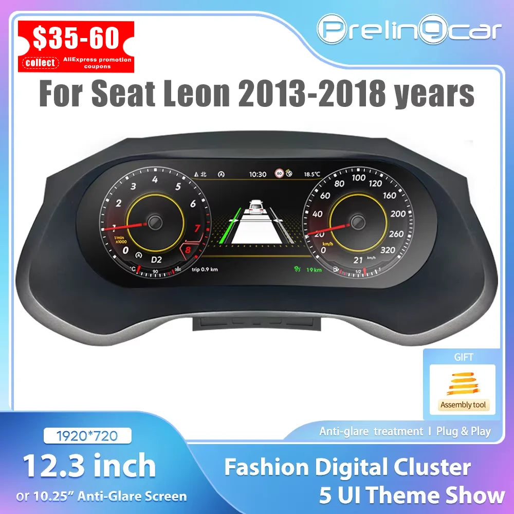 Digitale Dashboarddisplay – LCD Cluster – Digitaal Instrumentenpaneel – Auto Dashboard – Snelheidsmeter – Geschikt Voor Seat Leon 2013-2018 – 12,3 Inch HD IPS Scherm – Wireless CarPlay & HDMI Ondersteuning - QUORE