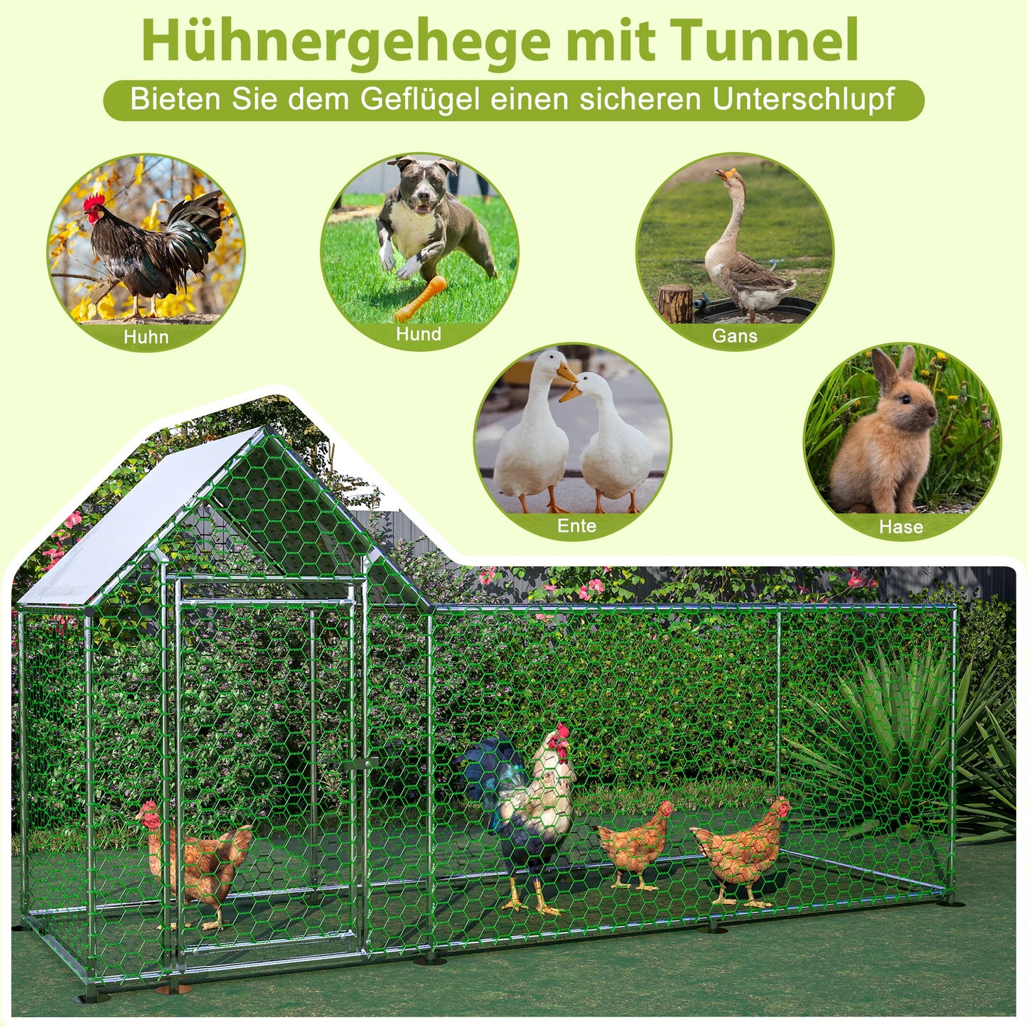 Dierenren – Konijnenren – Kippenren – Puppyren – Klein Dierenren – 3x1x1,5m – Roestvrij Stalen Frame – Waterdichte UV-bestendige PE Kap