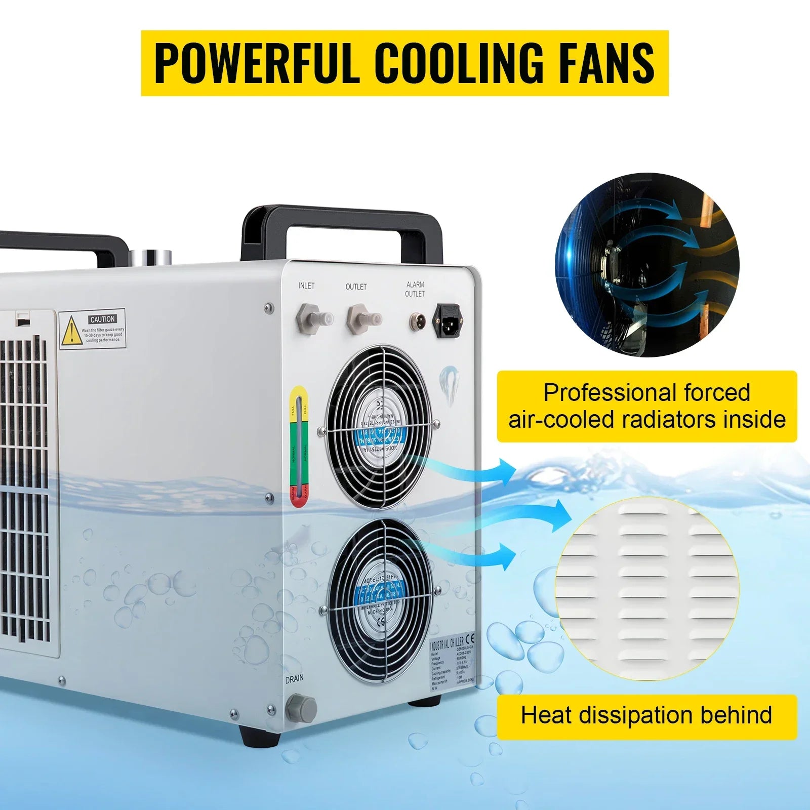 Industriële Waterkoeler - Chiller Industriële - 220V - Luchtgekoeld - 6L Capaciteit – 10L/min – Voor CO₂ Laserbuizen tot 130W - 580×290×470mm - voor Lasergraveermachine Koeling - Waterchiller met Alarmfunctie - Wit - QUORE