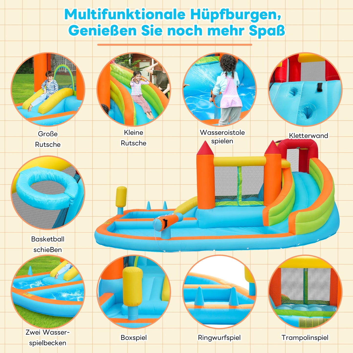Opblaasbare Speeltuin – Springkussen – Trampoline – Glijbaan – Waterspeelplaats – Waterdicht Oxford-Weefsel – 450W Luchtpomp