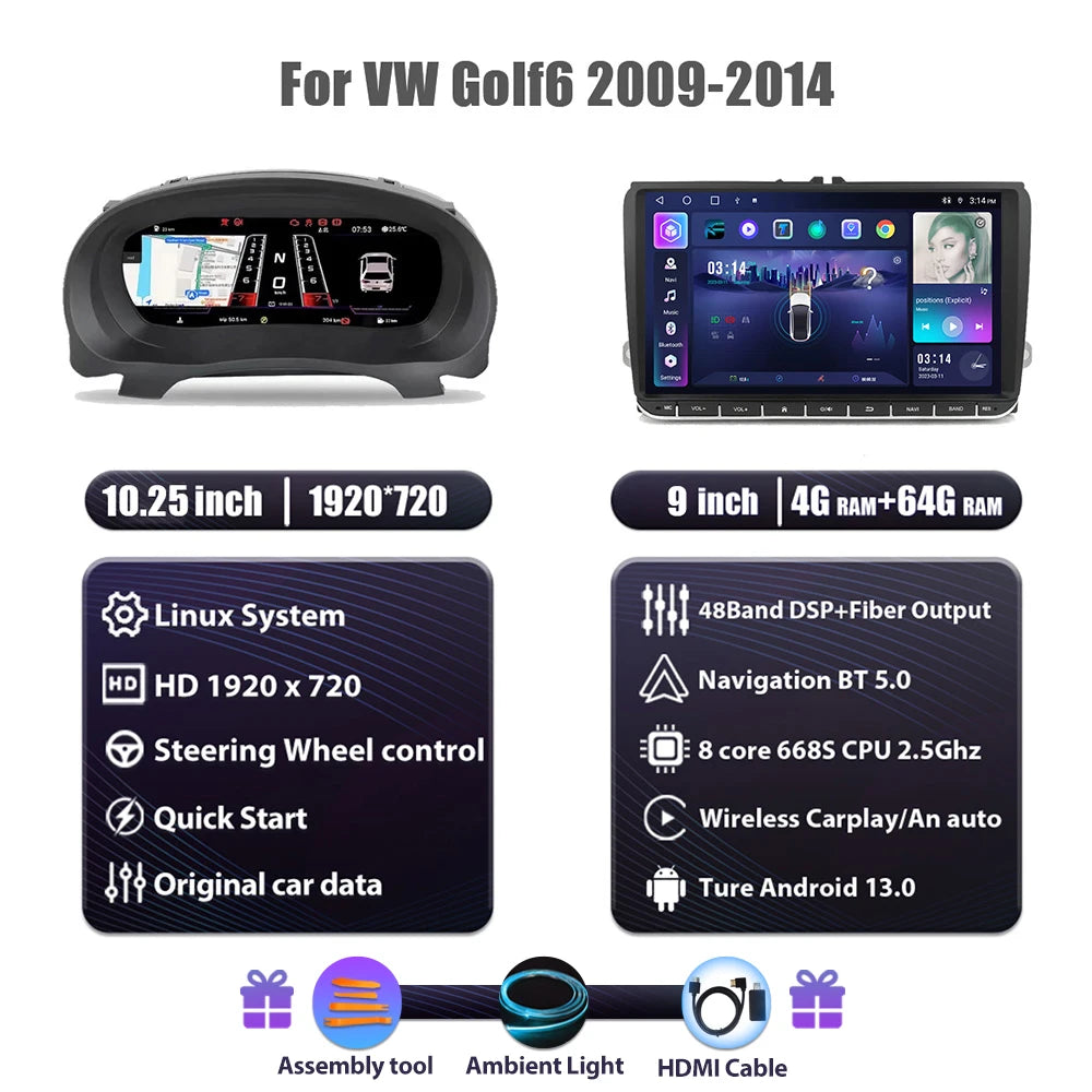 Digitaal Dashboard – Digitale Klok, Instrumentenpaneel, Auto Display, Cockpit Paneel – 12,3 Inch HD IPS Scherm – Plug & Play Installatie