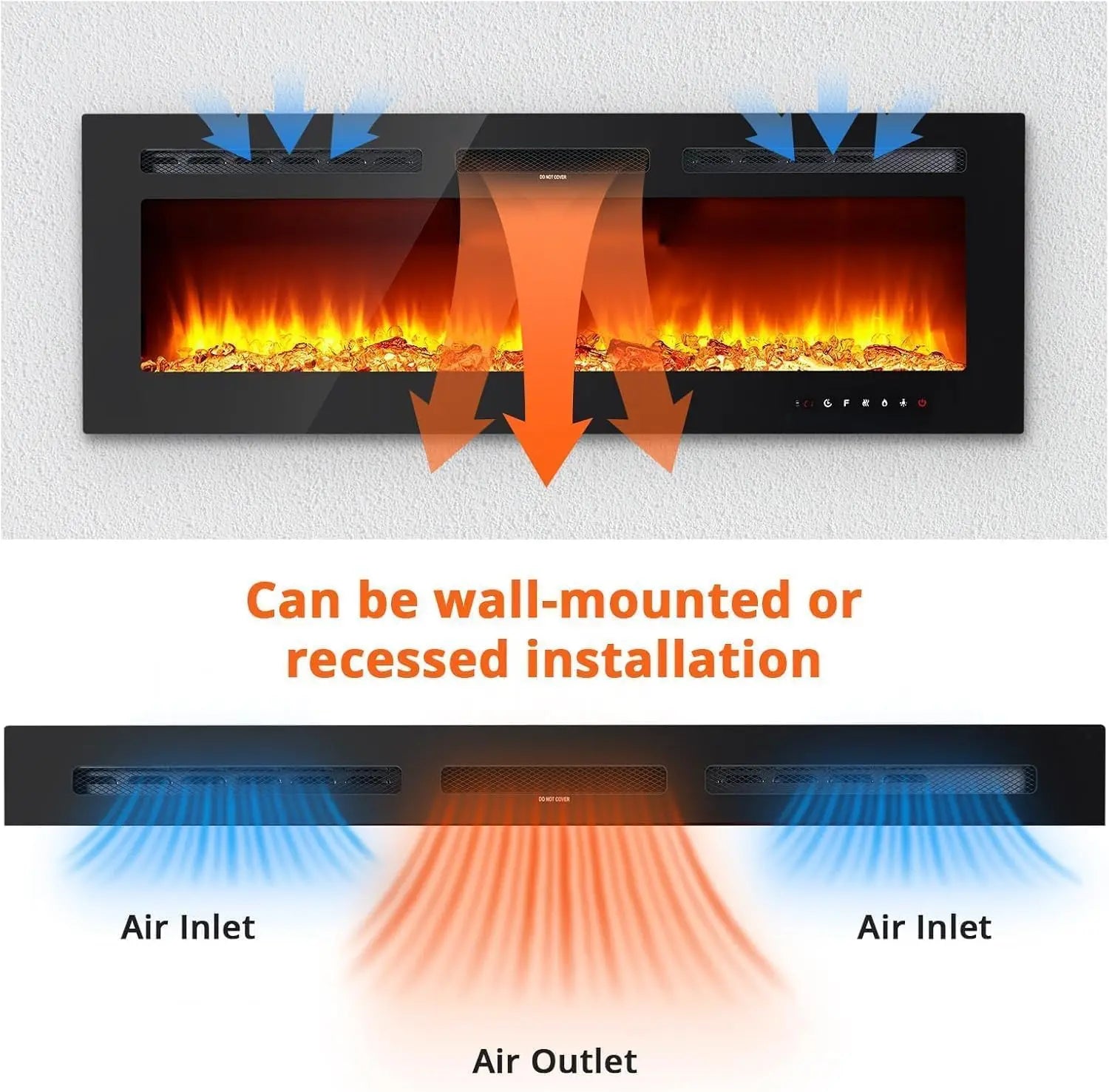 Elektrische haard – Sfeerhaard – Open haard – Elektrische kachel – Wandhaard – 50 inch – 12-kleur vlam effect – 900/1800W met afstandsbediening en app bediening - QUORE