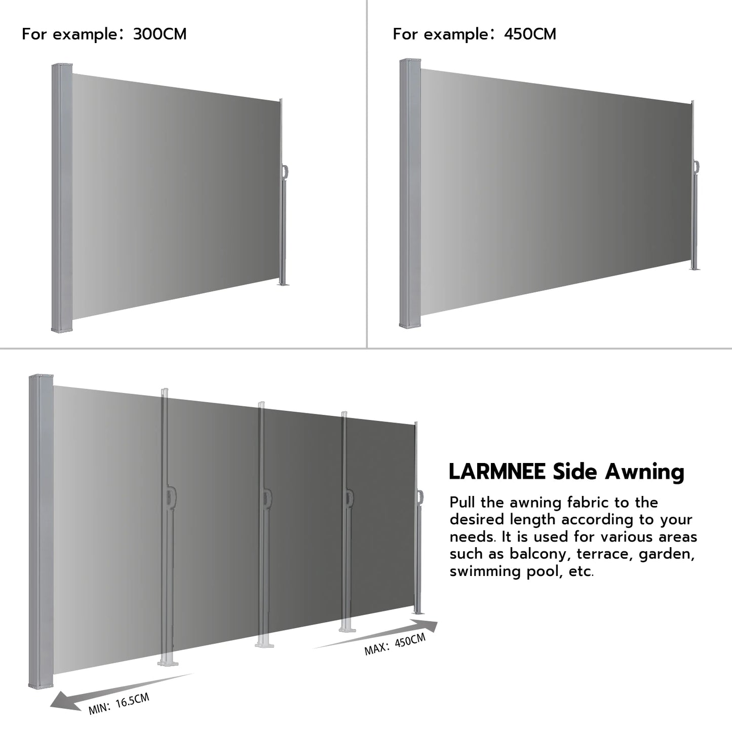 Uitschuifbaar Zijscherm – Balkonwand – Windscherm – Schaduwdoek – Privacywand – Waterafstotend Polyester – Roestvrij Stalen Frame - 180x350cm - Grijs