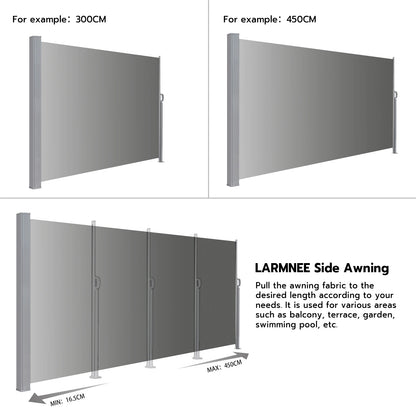 Uitschuifbaar Zijscherm – Balkonwand – Windscherm – Schaduwdoek – Privacywand – Waterafstotend Polyester – Roestvrij Stalen Frame - 180x350cm - Grijs