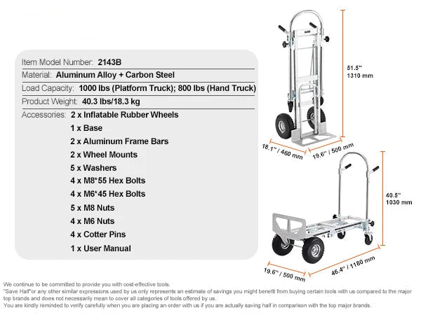 Steekwagens - Steekkar - Transportkar - Transportwagen - Winkeltrolley - Draagvermogen 450 kg - Opvouwbare - Aluminium - Industriële Inklapbare Trolley - voor Magazijn, Verhuis en Zware Lasten