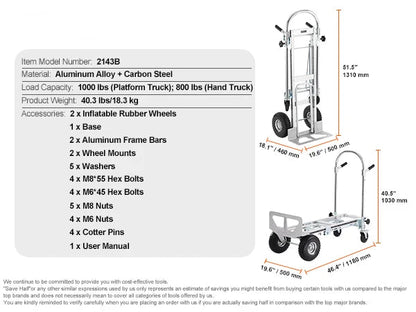Steekwagens - Steekkar - Transportkar - Transportwagen - Winkeltrolley - Draagvermogen 450 kg - Opvouwbare - Aluminium - Industriële Inklapbare Trolley - voor Magazijn, Verhuis en Zware Lasten