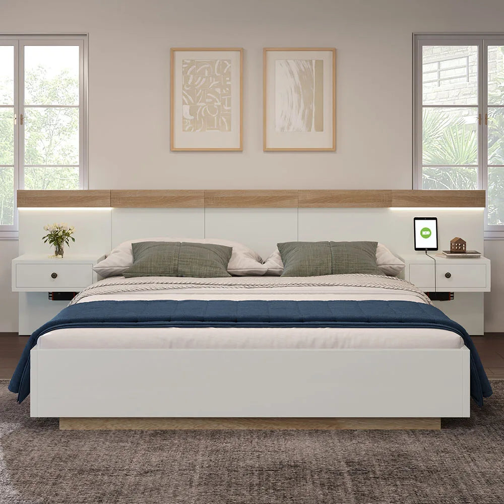 Tweepersoonsbed – Bed – Ledikant – Slaapbank – Bedframe – 180x200 cm – Massief Hout – Ingebouwde USB-C & LED Nachtkastjes - QUORE