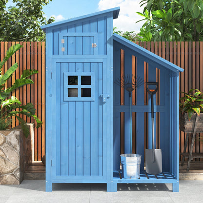 Houten Tuinkast - Buitenkast - Gereedschapsschuur - Gereedschapskast - Gereedschapshuisje - met Schappen - Waterdicht Tuinhuisje - 124x46x174 cm - Voor Balkon - Tuin - en Terras - Blauw