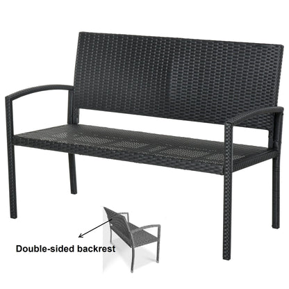 Tuinbank - Wicker Tuinbankje - Loungebank - Balkonset -  Weerbestendige PU Rotan Bank met Stalen Frame, Lichtgewicht en Geschikt voor Jaarlijks Buitengebruik - Dubbelzijdige - Zwart