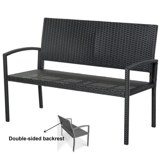 Tuinbank - Wicker Tuinbankje - Loungebank - Balkonset -  Weerbestendige PU Rotan Bank met Stalen Frame, Lichtgewicht en Geschikt voor Jaarlijks Buitengebruik - Dubbelzijdige - Zwart