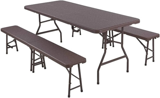 Inklapbare Tafel En Banken – Campingset – Buitenmeubel – Picknicktafel – Feestset – Rattan Look – Hoog Draagvermogen