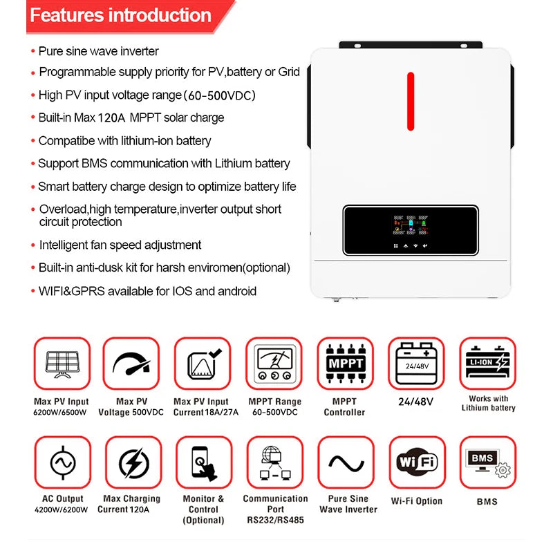 Zonne-omvormer – Hybride Omvormer – Solar Inverter – MPPT Laadregelaar – Pure Sinusgolf – 6,2 kW Vermogen – 120A MPPT Controller – 48V DC – Wifi Monitoring - QUORE