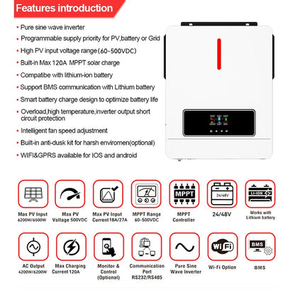 Zonne-omvormer – Solar Inverter – Hybride Omvormer – MPPT Omvormer – Off-Grid Omvormer – 6 kW Vermogen – Dual MPPT & IP65 Waterdicht - QUORE