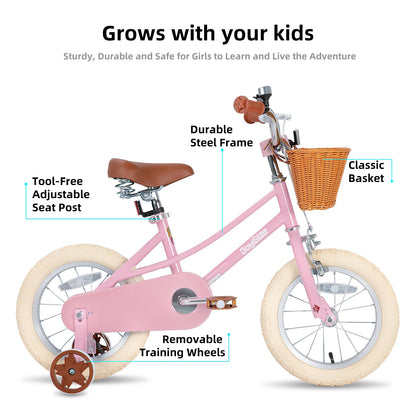 Kinderfiets - Loopfiets - Kleuterfiets - Meisjesfiets - met Trainingswiel - Mandje - Kickstand - Bel - Stalen Frame - Retro Stijl - Fiets voor 2-12 Jaar - Geel - 12inch