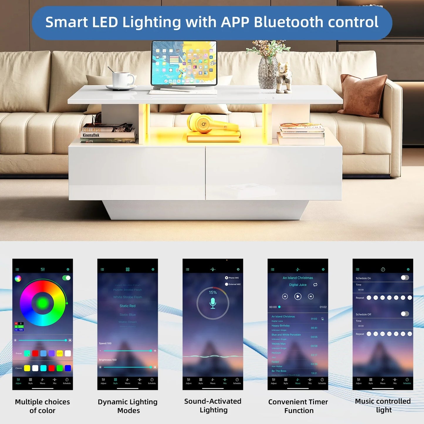 Salontafel – Koffietafel – Tafel – Woonkamertafel – Theetafel – Wit – Hoogglans – LED-Verlichting – 2 Lade – 90x55x41 cm