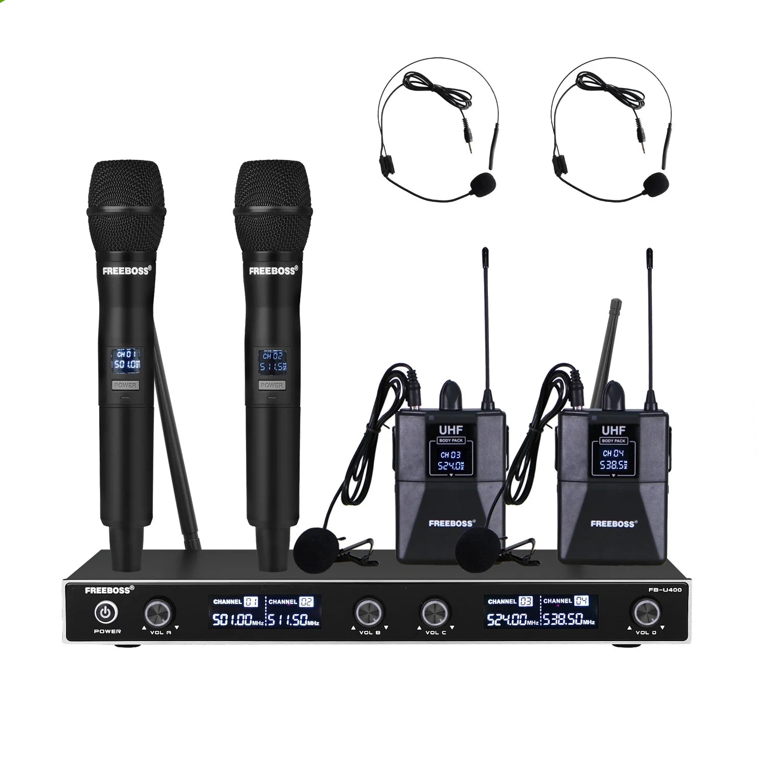 Draadloos Microfoonsysteem – Draadloze Microfoon Set – Karaoke Microfoon – Presentatie Microfoon – 30 Meter Bereik – Twee Handhelds En Bodypacks - QUORE