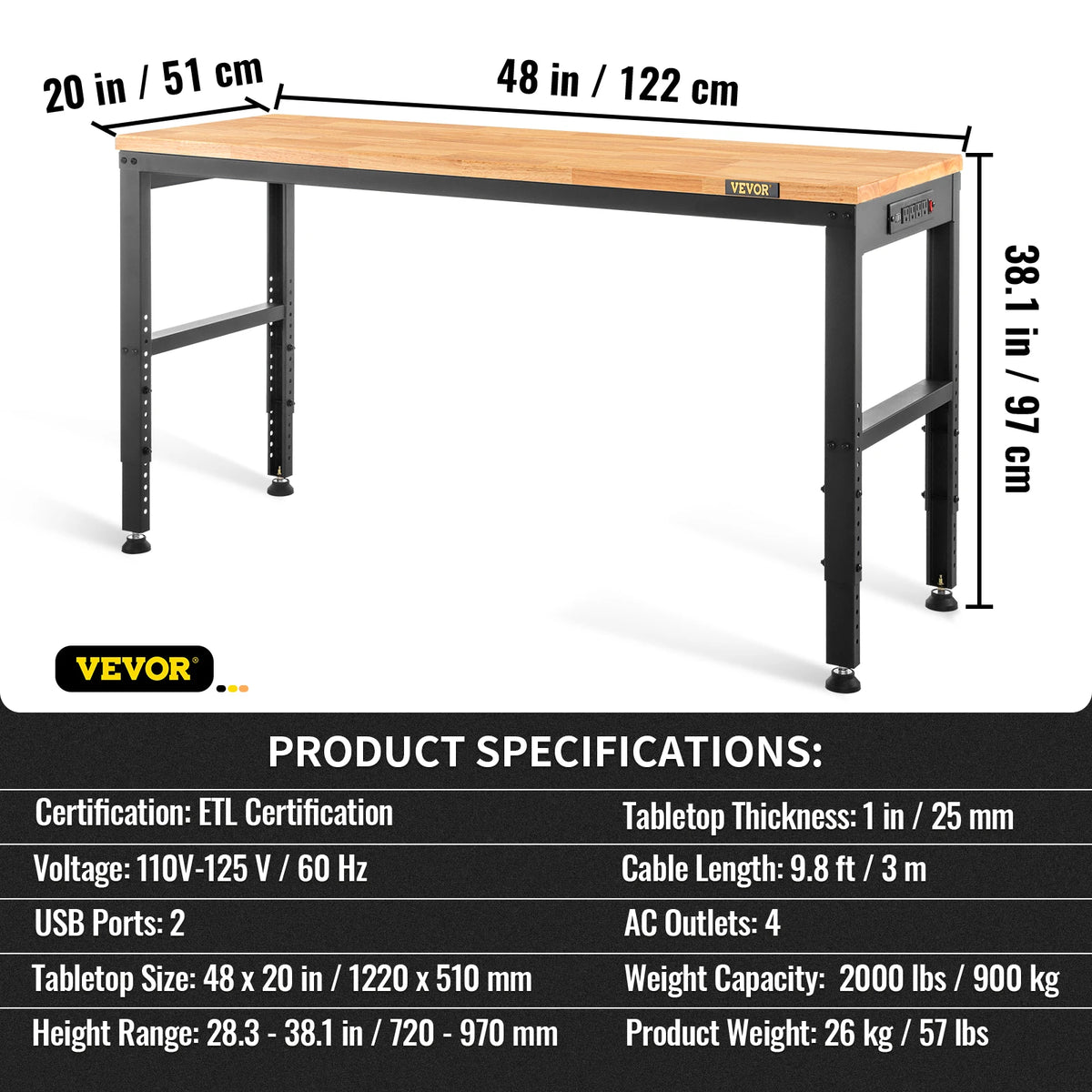 Vevor Heavy-Duty Workbench 72cm Adjustable Height Oak Wood Hardwood Top Work Table 900KG Load Capacity for Office Home Workshop - QUORE