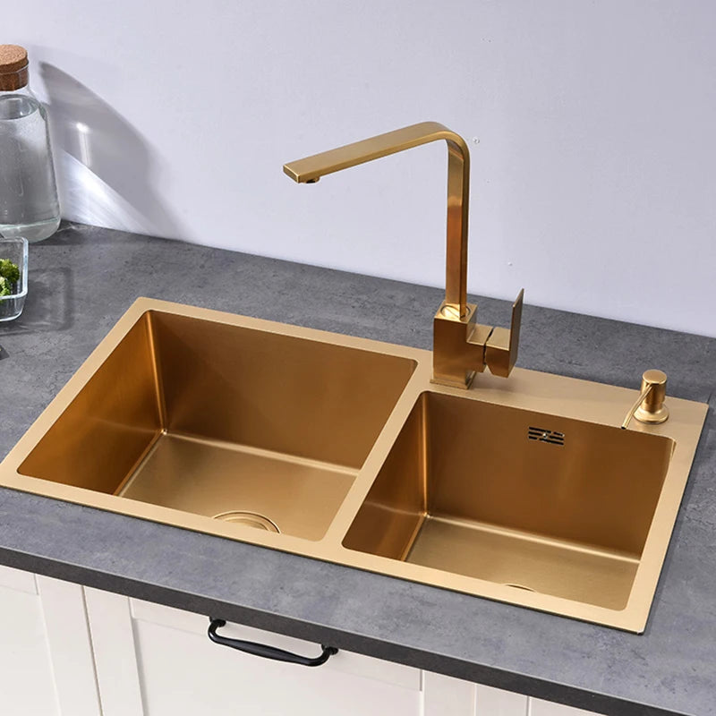 Dubbele spoelbak – RVS spoelbak – Keukenspoelbak – Inbouw spoelbak – Gouden spoelbak – 80x45 cm – Goudkleurig 304 roestvrij staal – Inclusief mandje en zeepdispenser