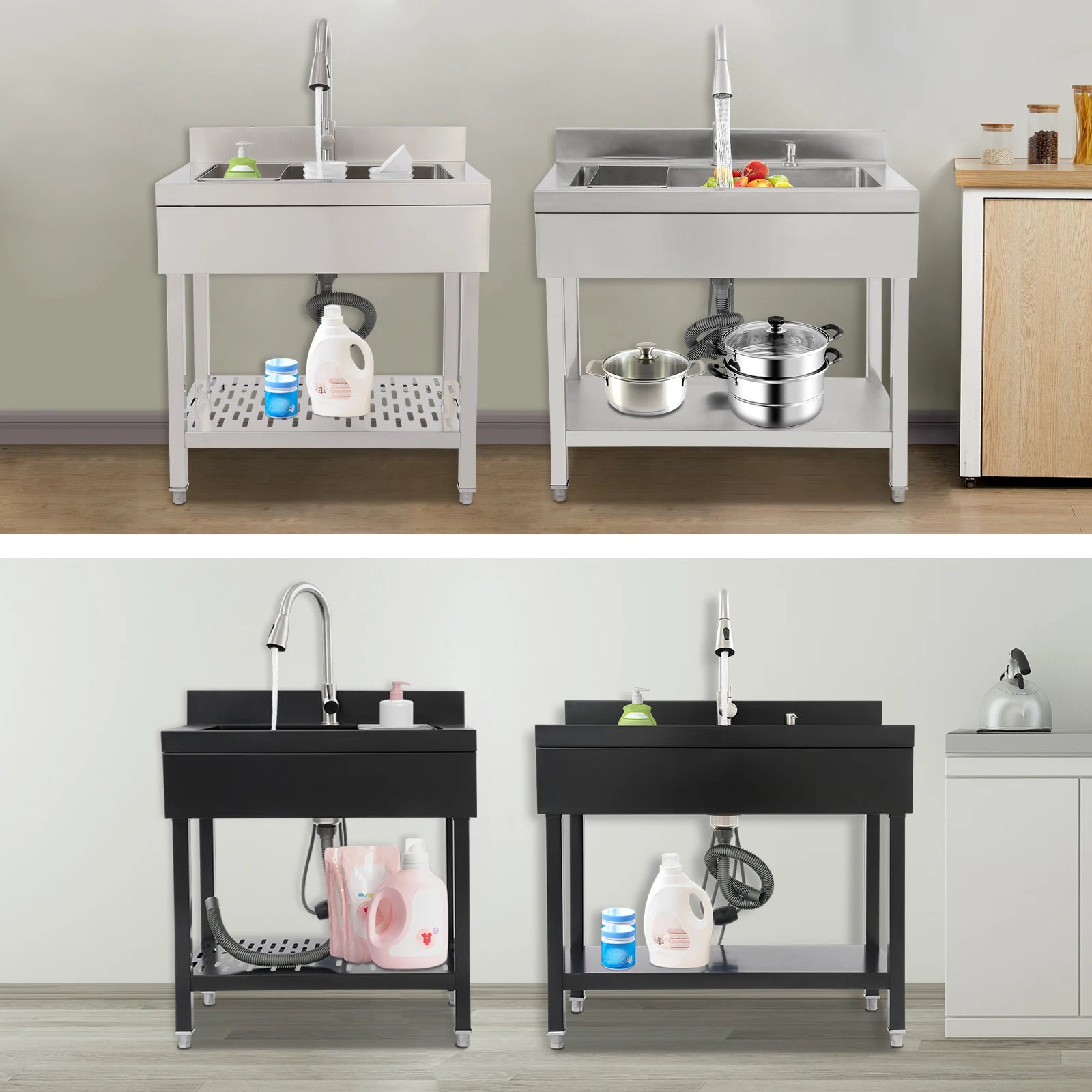 Keukenspoelbak – Spoelbak – Gootsteen – Wasbak – Enkele Spoelbak – Vrijstaand – Roestvrij Staal – Groot Bassin 75x42 cm – Zwarte Afwerking - QUORE
