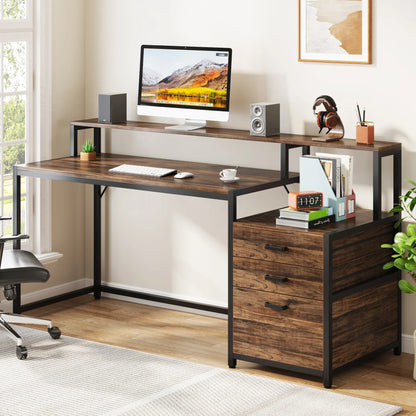 Computerbureau – Bureau – Werkplek – Bureau Met Opbergruimte – Ergonomisch – Berkenhout Met Metalen Frame – Verhoogde Monitorstandaard - 160 x 50 x 90 cm - Bruin - QUORE