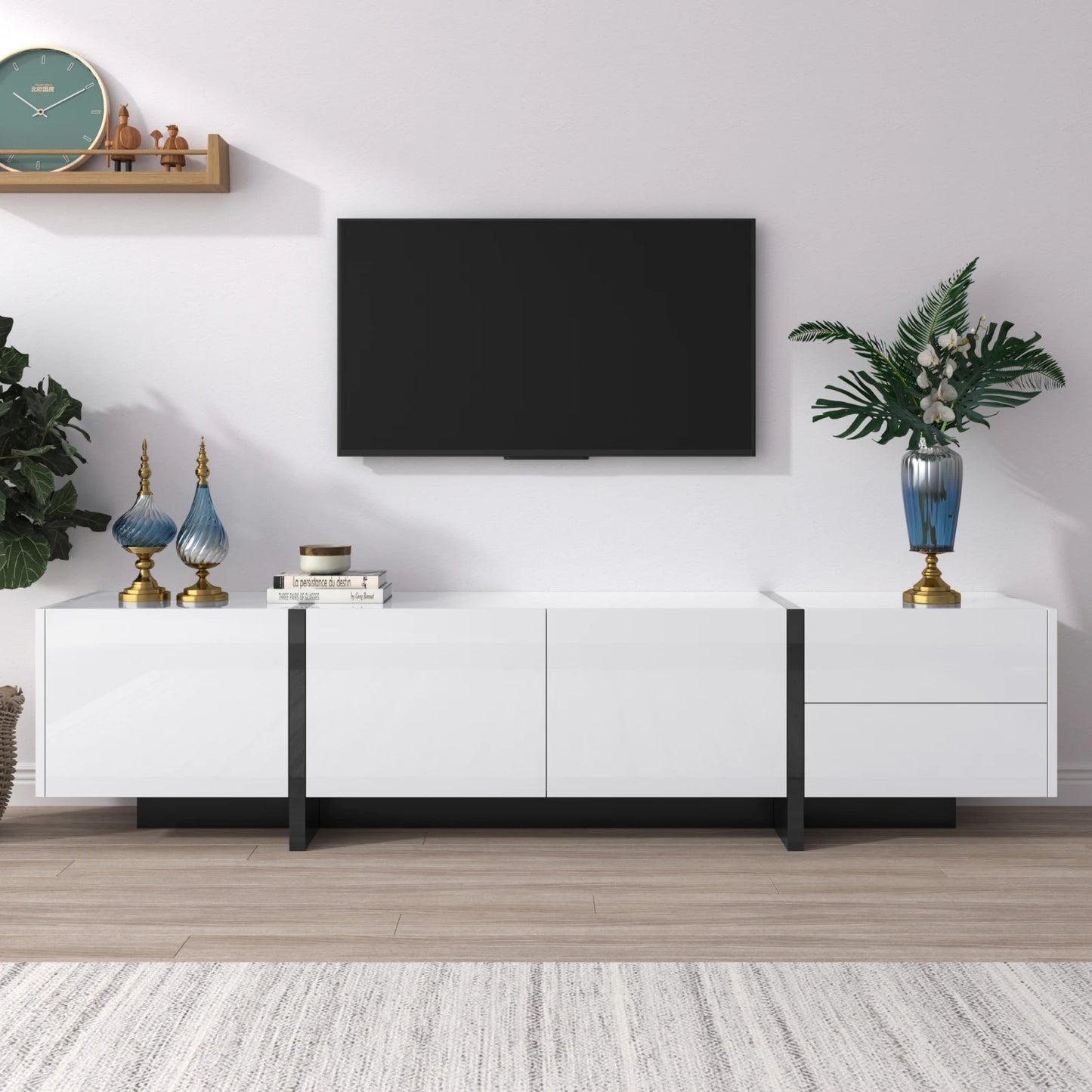 Tv-Meubel – Tv-Kast – Media-Meubel – Opbergkast – Hoogglans Wit – 190 Cm Breed – Drie Deuren & Twee Lades