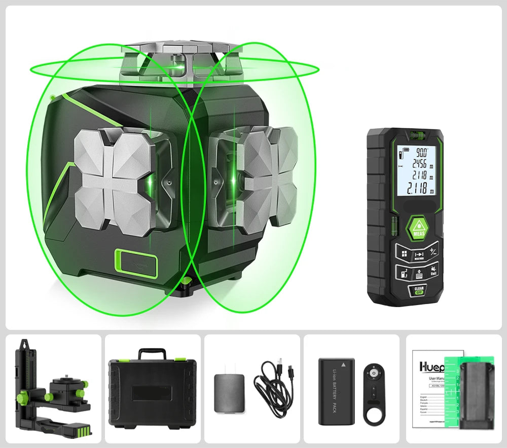 3D Cross Line Laser – Laserwaterpas – Zelfnivellerend – Groen Lijnlaser – Bluetooth Connectiviteit – 12 Helder Groene Lijnen – Li-Ion Batterij - Afstandsmeter