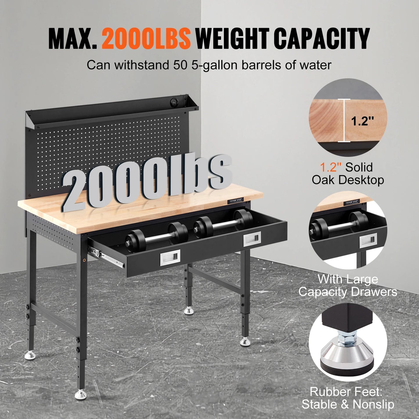 Verstelbare Werkbank - Werktafel - Industriële Werkbank - Garage Werkbank - 48x24 Inch - 2000lbs - Massief Houten - met LED Verlichting - Stopcontacten - USB & Opberghaakjes - Hoogte Instelbaar - Garage & Werkplaats