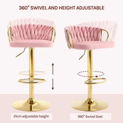 WOLTU 2PCS Velvet Bar Stool Height Adjustable Bar Chair with Braided Backrest 360° Rotatable Kitchen Stool with Metal Footrest