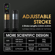 Tattoo Machine - Tattoo Pen - Tattoo Set - Complete Set for Beginners &amp; Advanced - Adjustable Stroke 2.2-4.2mm - Tattoo Machine Pen - 10500Rpm - 12V - 2400mAh - Gold Kit