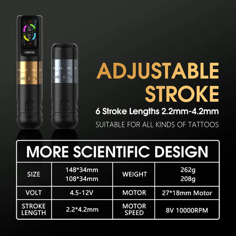 Tattoo Machine - Tattoo Pen - Tattoo Set - Complete Set for Beginners &amp; Advanced - Adjustable Stroke 2.2-4.2mm - Tattoo Machine Pen - 10500Rpm - 12V - 2400mAh - Gold Kit