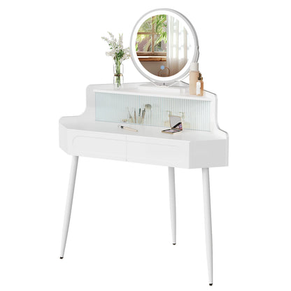 Hoekmake-uptafel – Kaptafel – Make-uptafel – Sieradentafel – Wit – Verstelbare Spiegel Met Verlichting – Ruimtebesparend Ontwerp
