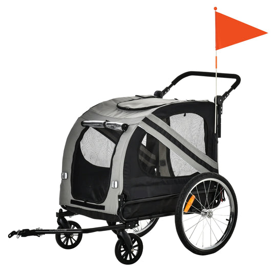 2 in 1 - Fietskar - Fietsaanhanger - Transportaanhanger - Kar - met Vlag - Mesh-vensters - Draagkracht 30kg - Weerbestendig - Oxfordstof - Metalen frame - 134 x 73 x 108 cm - Grijs