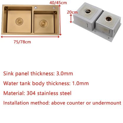 Gouden Spoelbak – Keukenspoelbak – Dubbele Spoelbak – RVS Spoelbak – Aanrechtbak – 80x45 cm – Roestvrij Staal 304 – Inclusief Zeefmand en Zeeppompje