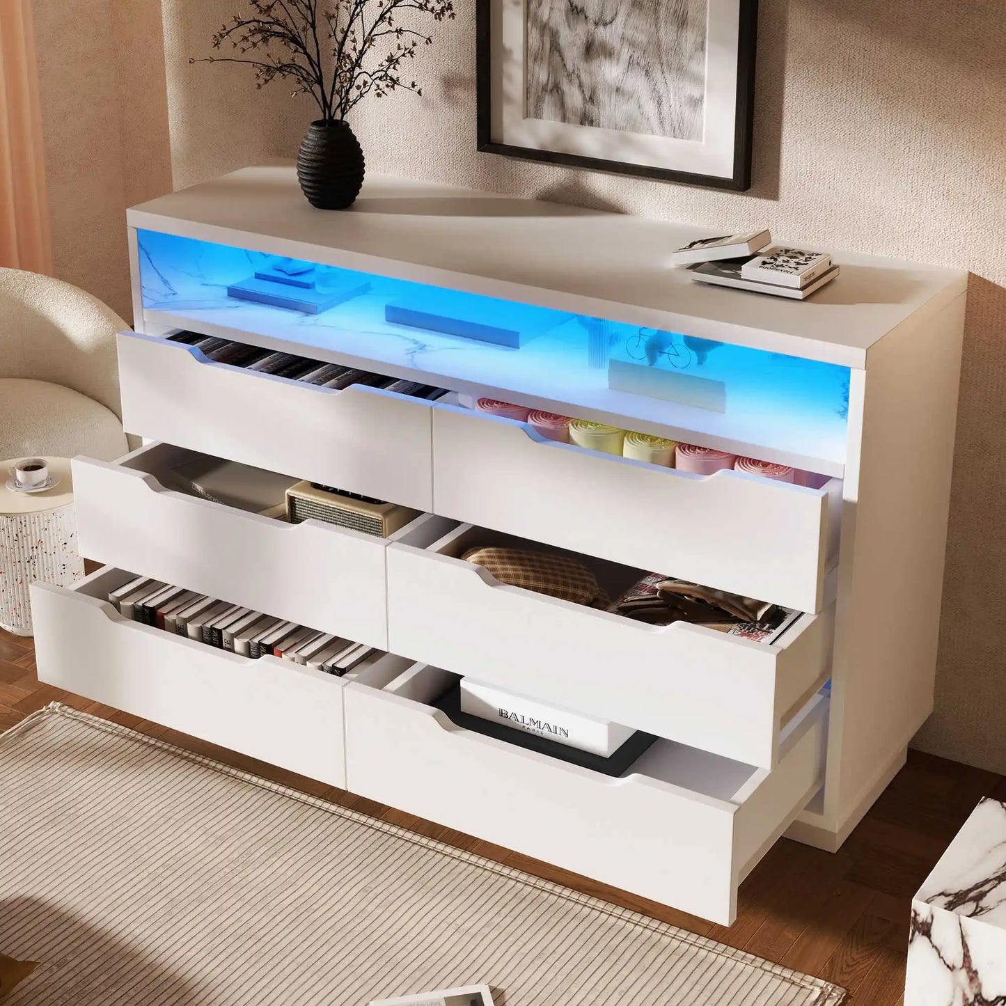 Ladenkast – Ladekast – Kast Met Laden – Opbergkast – Moderne Marmerlook – 6 Laden – LED-Verlichting - QUORE
