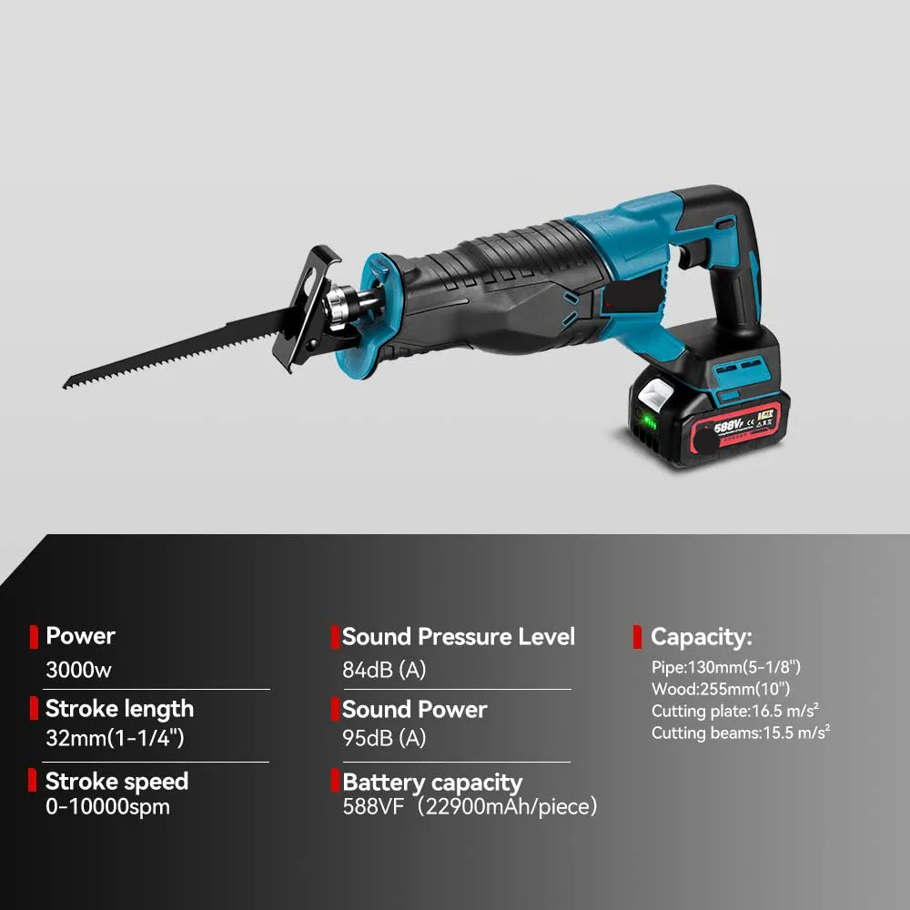 Reciprozaag - met Accu - Draadloze - Verstelbare Snelheid - 3000W - voor Hout - Metaal - Pijpen - Snijden - 18V - 10000 SPM - 2 Batterij