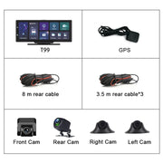 Dashcam voor Auto - 10.26” Touchscreen Dashcam - 4 Camera’s - 4G Android 8.1 - 360° Panorama - GPS & ADAS - Parkeermodus - Zwart