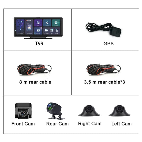 Dashcam voor Auto - 10.26” Touchscreen Dashcam - 4 Camera’s - 4G Android 8.1 - 360° Panorama - GPS & ADAS - Parkeermodus - Zwart