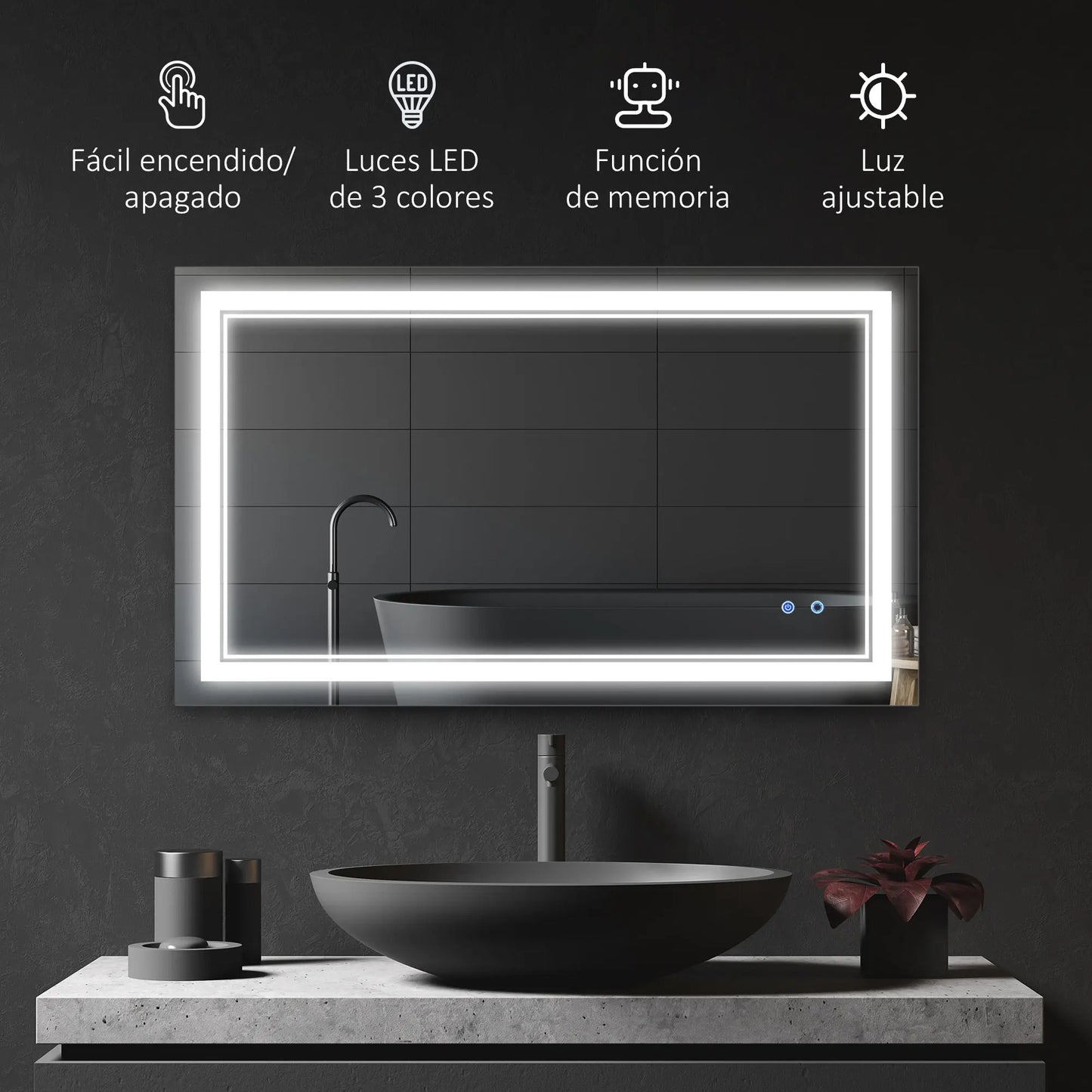 Badkamerspiegel – LED Spiegel – Verlichte Spiegel – Spiegel Met Verlichting – 100x60 cm – IP44 Spatwaterdicht – Dimbare Lichtkleur - QUORE