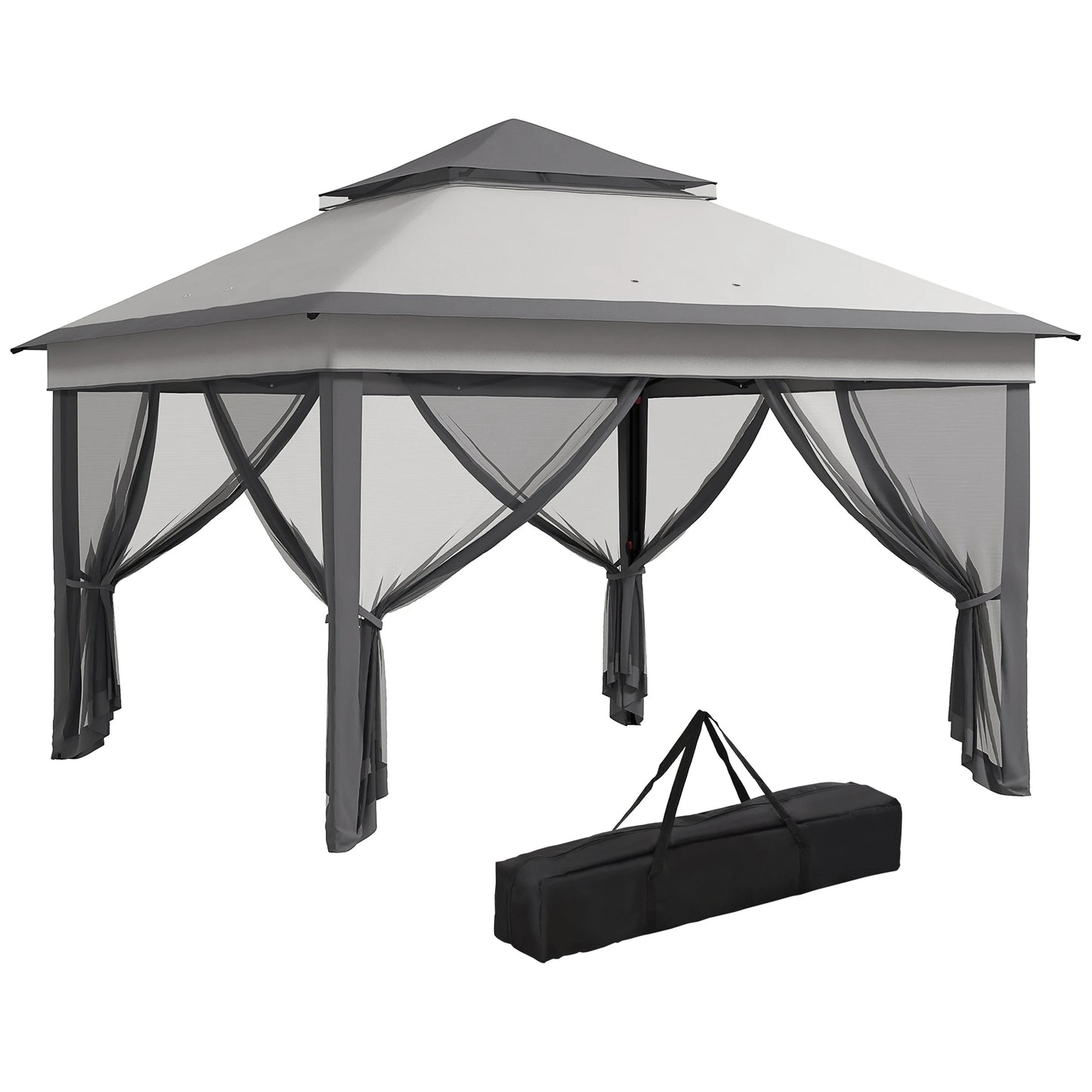 Paviljoen - Tuinpaviljoen - Partytent - Tuintent - Pop-up Kliksysteem - Stabiel - Vouwtent - met Mesh Cover - Draagtas - Opvouwbaar - Waterdicht - Winterbestendig - 50+UV-Bescherming - voor Tuin - Buiten - Achtertuin - 326 x 326 x 272 cm - Grijs - QUORE