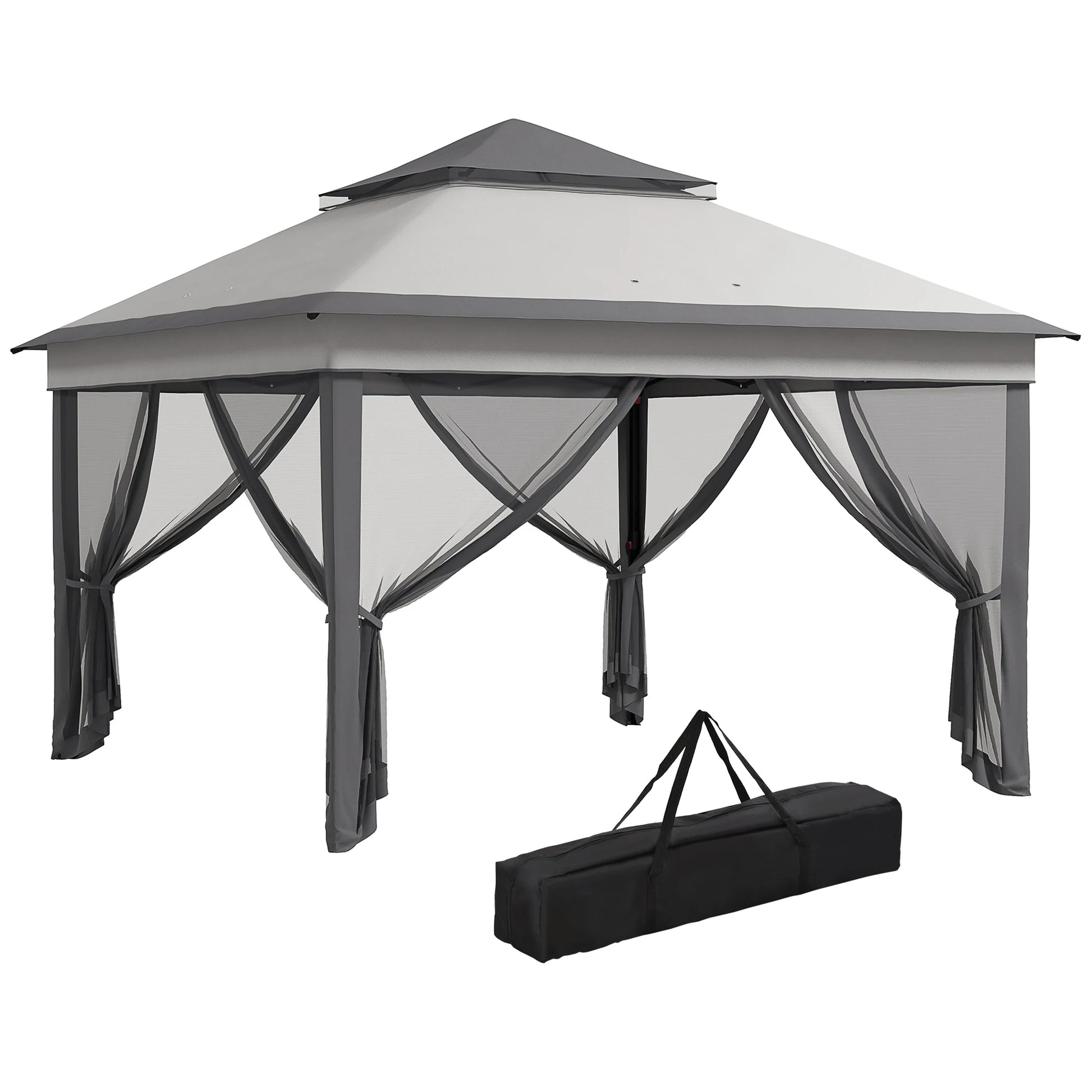 Paviljoen - Tuinpaviljoen - Partytent - Tuintent - Pop-up Kliksysteem - Stabiel - Vouwtent - met Mesh Cover - Draagtas - Opvouwbaar - Waterdicht - Winterbestendig - 50+UV-Bescherming - voor Tuin - Buiten - Achtertuin - 326 x 326 x 272 cm - Grijs - QUORE
