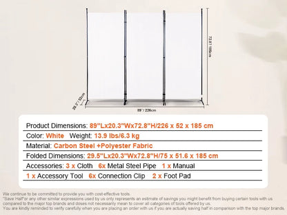 Room Divider - Partition Wall - Screen Partition - Room Divider Room Divider - 3 Panel - Size &amp; Height Adjustable Freestanding - Foldable - for Office Home - White