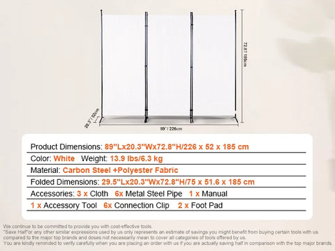 Kamerscherm - Scheidingswand - Scherm Partitie - Scheidingswand Kamerscherm - 3 Paneel - Maat & Hoogte Verstelbaar Vrijstaand - Opvouwbaar - voor Kantoor Thuis - Wit