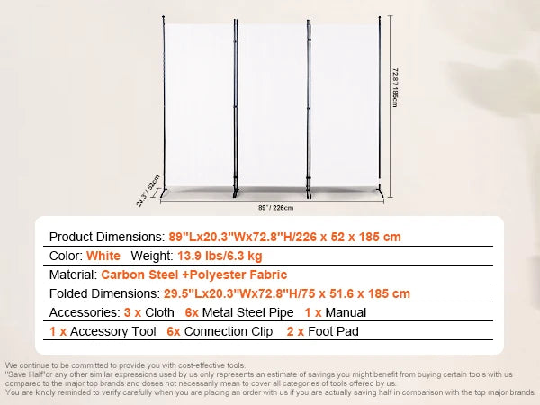 Kamerscherm - Scheidingswand - Scherm Partitie - Scheidingswand Kamerscherm - 3 Paneel - Maat & Hoogte Verstelbaar Vrijstaand - Opvouwbaar - voor Kantoor Thuis - Wit