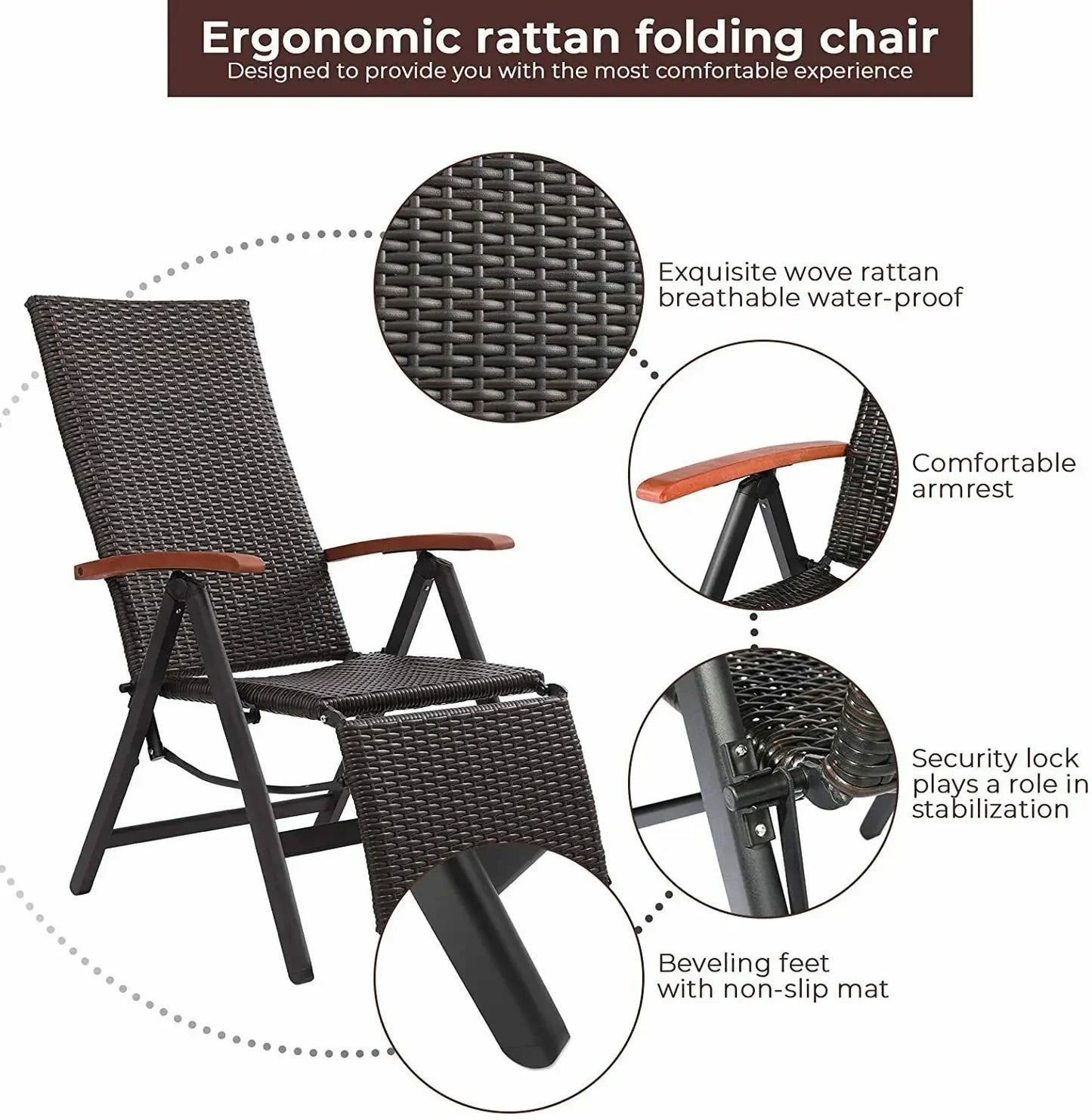 Opvouwbare Rattan Tuinstoel - 7-Positie Verstelbare Lounger - Buitenstoel met Brede Armleuningen - Aluminium Frame - Geschikt voor Tuin, Patio, Strand - Weerbestendig