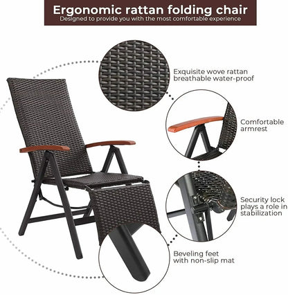 Opvouwbare Rattan Tuinstoel - 7-Positie Verstelbare Lounger - Buitenstoel met Brede Armleuningen - Aluminium Frame - Geschikt voor Tuin, Patio, Strand - Weerbestendig