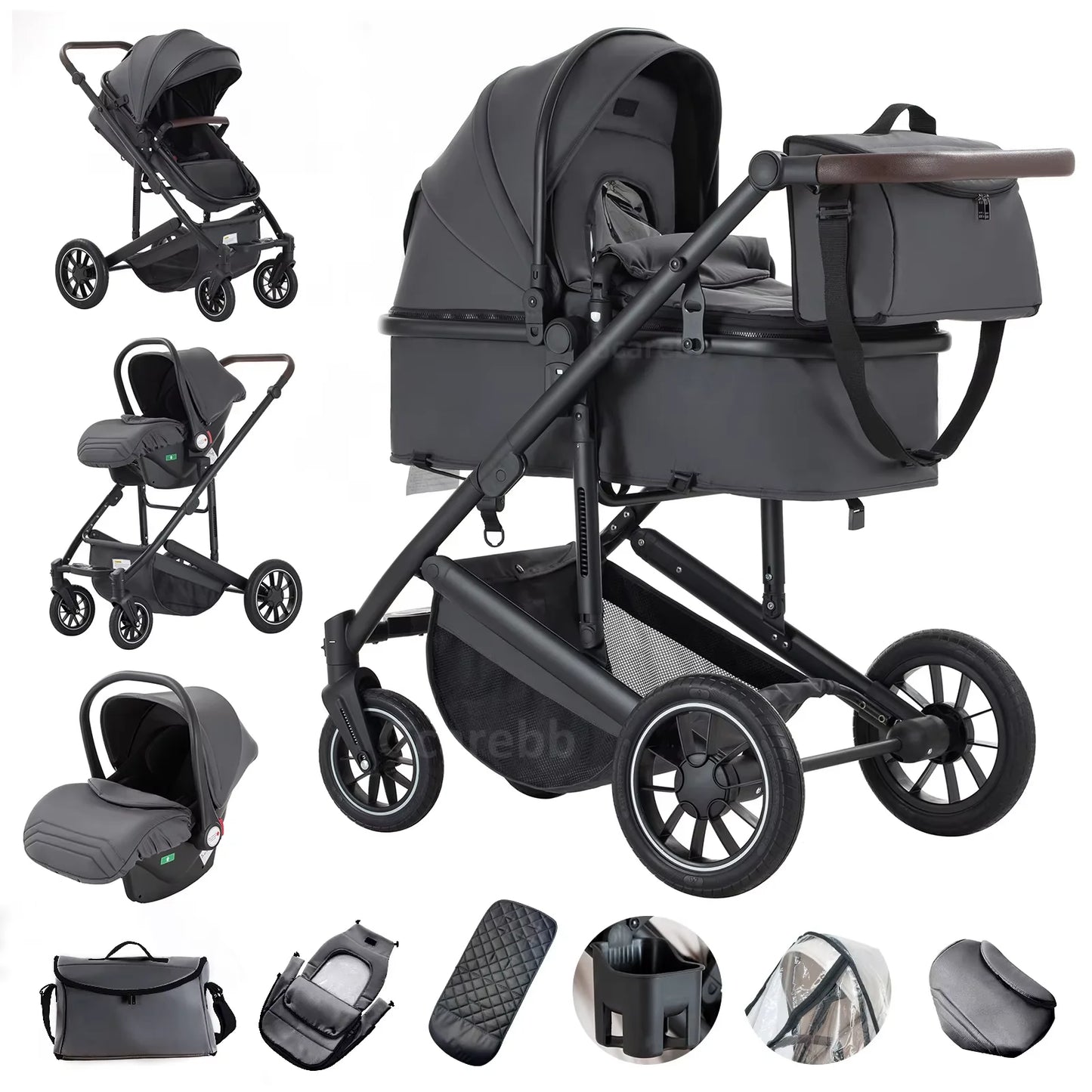 Babywagen - Kinderwagen - Buggy - Wandelwagen - 3-in-1 - met Reiswieg - en Autostoel - Opvouwbaar - Lichtgewicht - Aluminium Frame - voor Baby's - en Peuters - Donkergrijs - QUORE