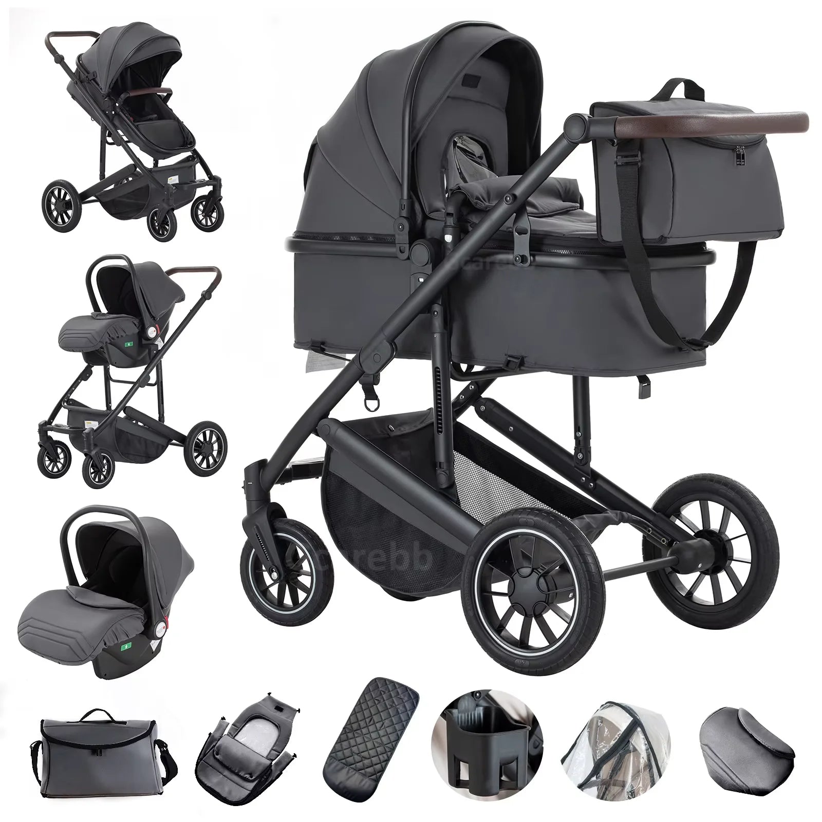 Babywagen - Kinderwagen - Buggy - Wandelwagen - 3-in-1 - met Reiswieg - en Autostoel - Opvouwbaar - Lichtgewicht - Aluminium Frame - voor Baby's - en Peuters - Donkergrijs - QUORE