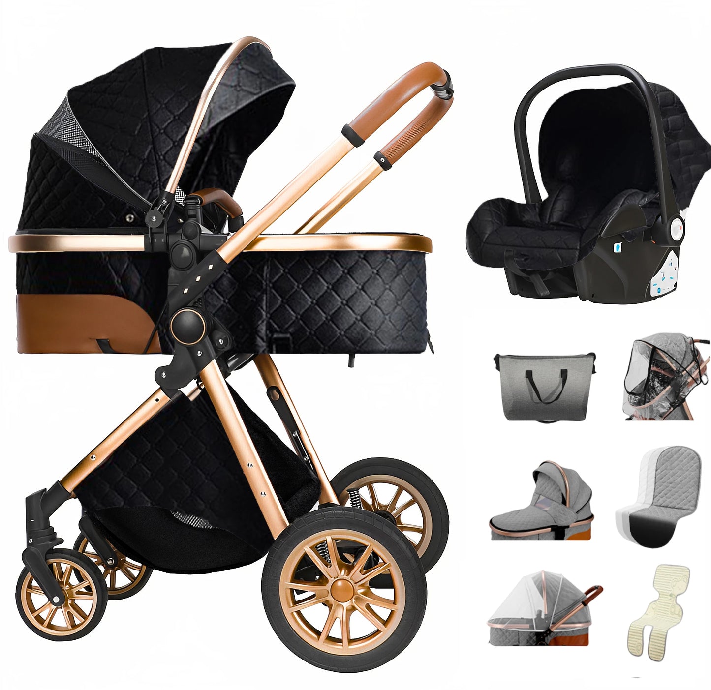 3-In-1 Kinderwagen – Reiswieg – Autostoeltje – Wandelwagen – Compact Opvouwbaar – Roestvrij Staal Frame – Geschikt Vanaf Geboorte - Zwart
