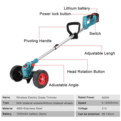 Drillpro Electric Lawn Mower 2X Li-ion Batteries Cordless Grass Trimmer Adjustable Handheld Garden Tools for Makita 18V Battery